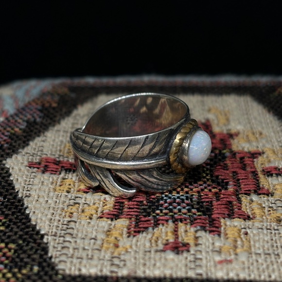 Calm Feather Australian Mintabie Sparkling Center Antique High Dome Opal Ring - Picture 5 of 7